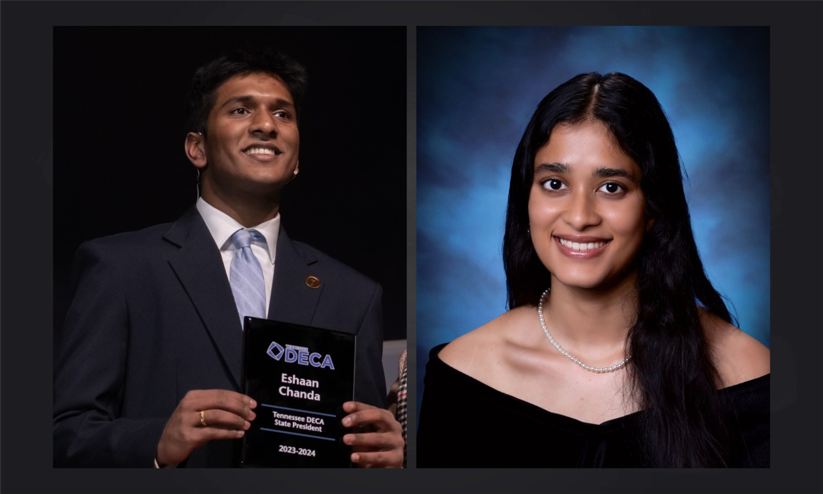 Two students smile